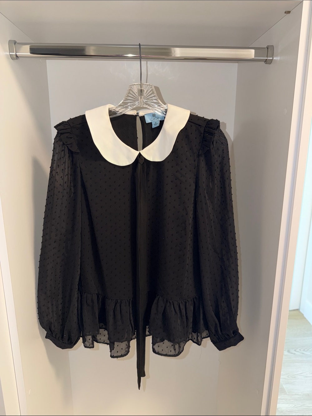 Black Swiss Dot Blouse with White Peter Pan Collar by CeCe